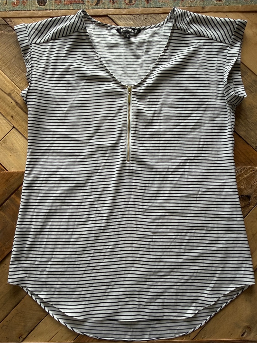 Express Women's White & Black Striped Zip-Front Short Sleeve Top